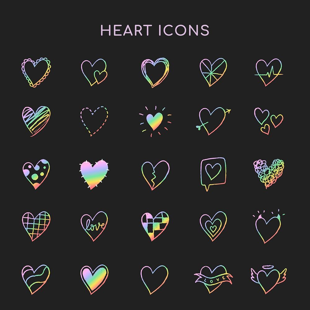 Rainbow heart psd icons, set in doodle style