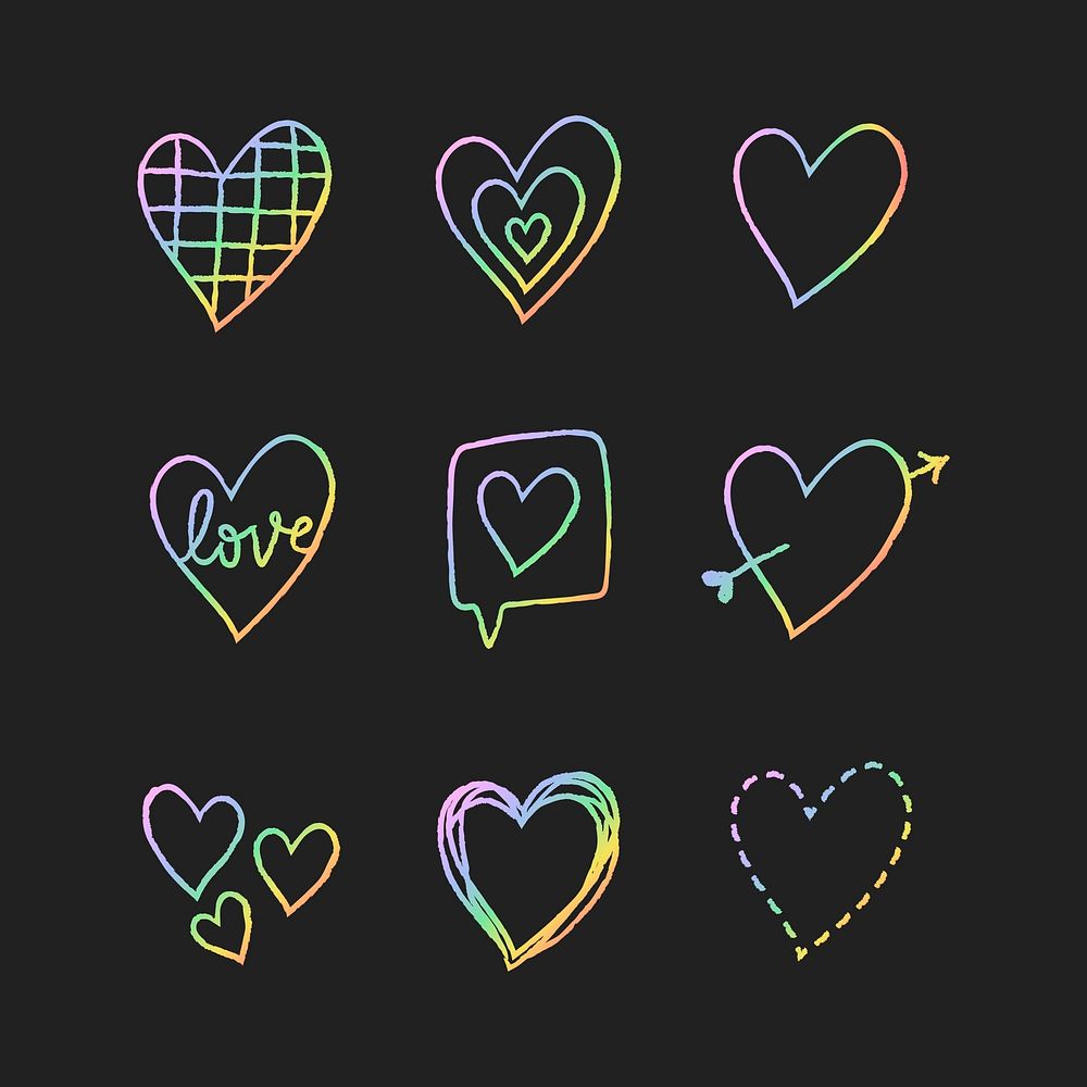 Rainbow holographic heart element vector set in hand drawn style 