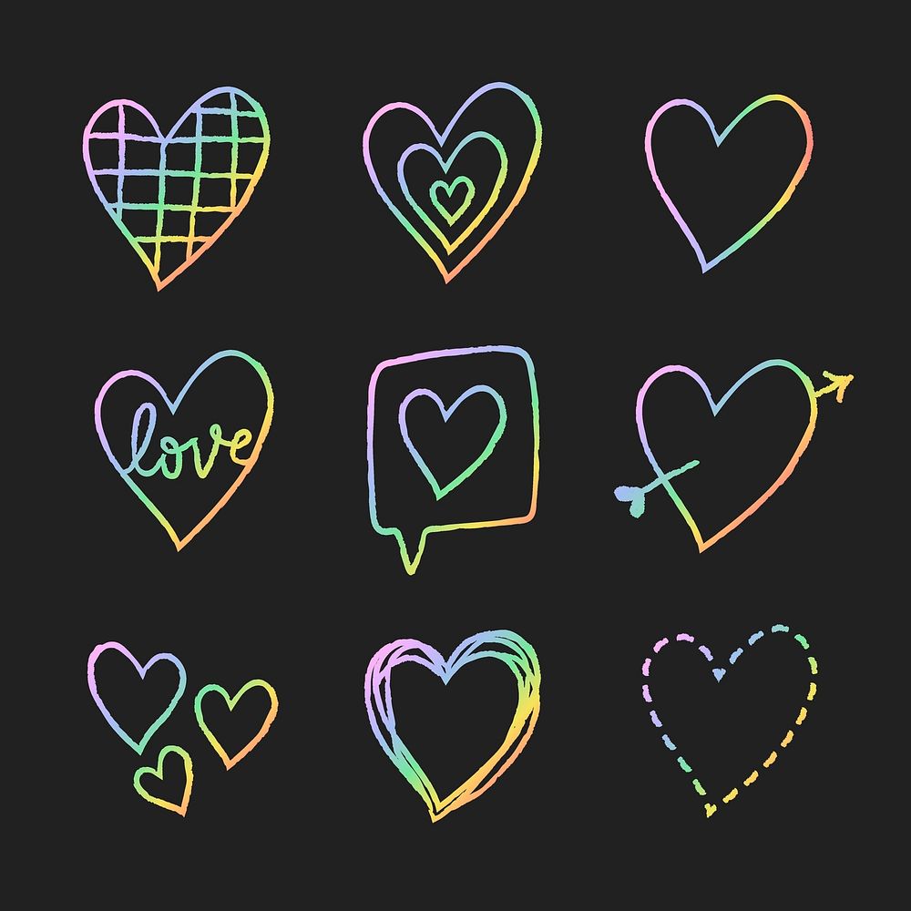 Rainbow holographic heart element vector set in hand drawn style 