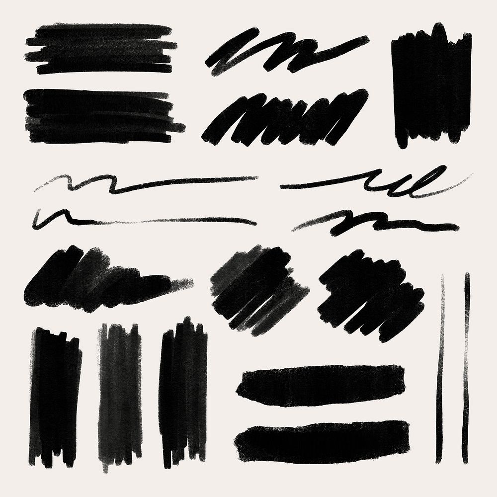 Ink brush stroke element psd set in black
