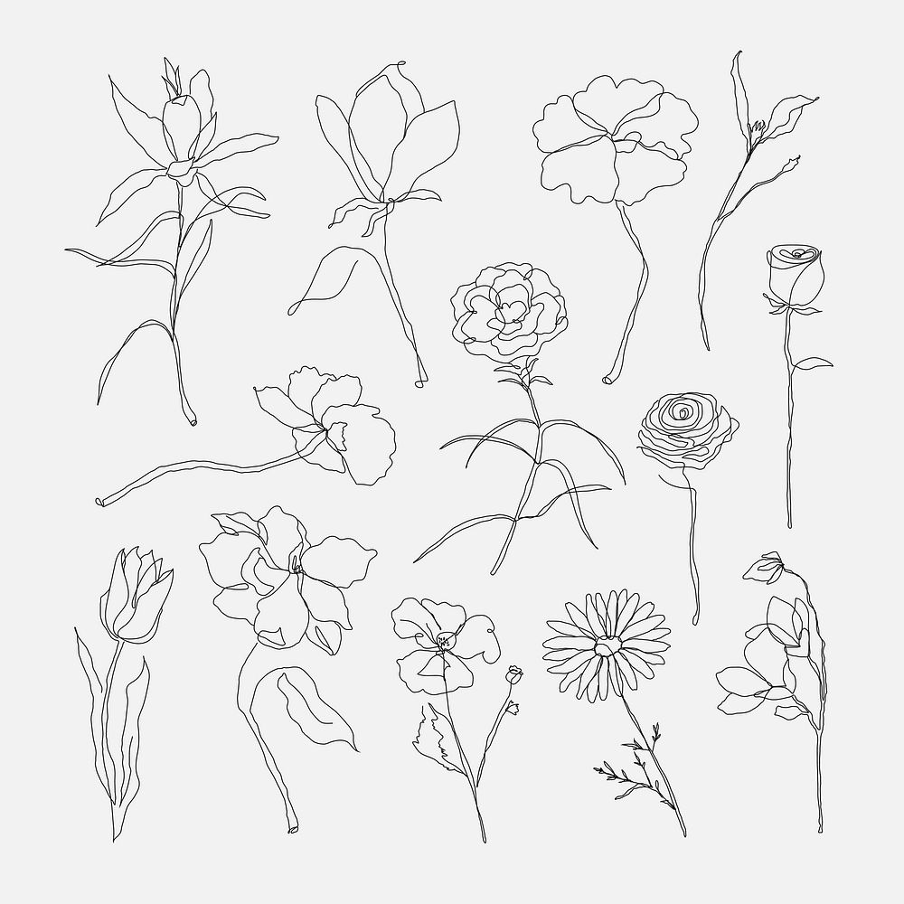 Flower hand drawn vector set black single line art