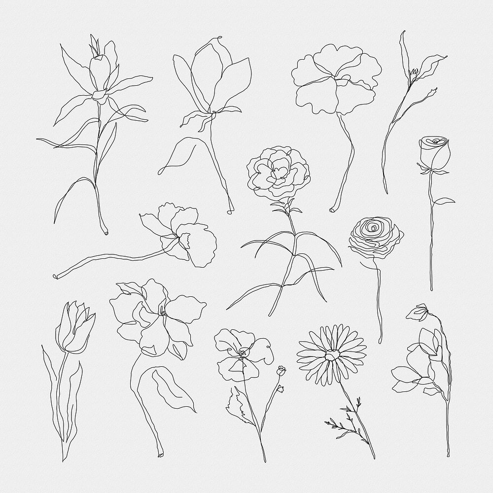 Flower hand drawn psd set black single line art