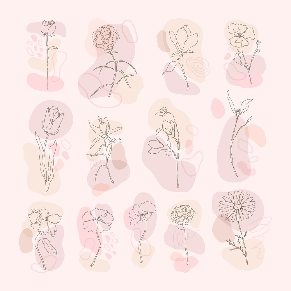 Flower hand drawn vector set single line art with pink memphis design