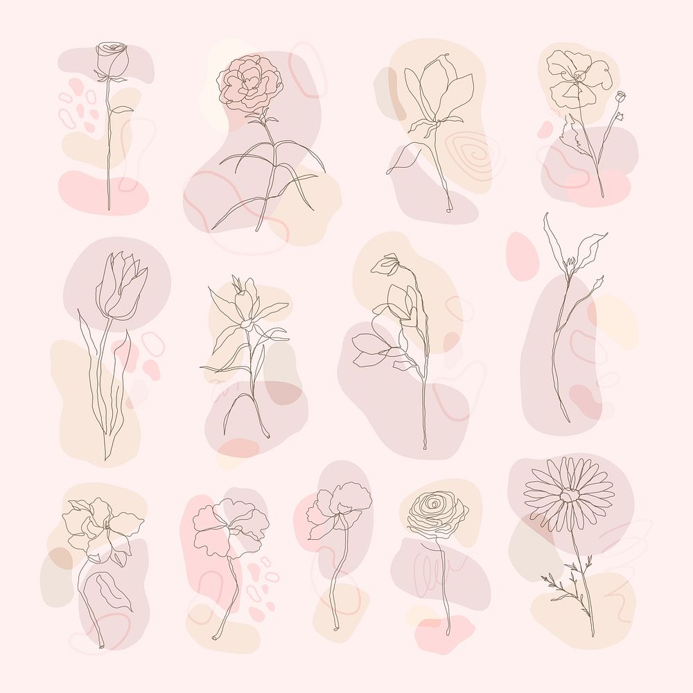 Flower hand drawn psd set single line art with pink memphis design
