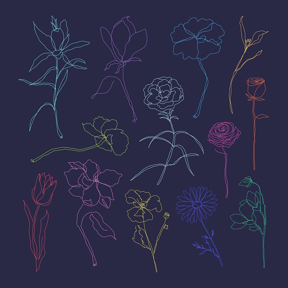 Flower hand drawn psd set colorful single line art