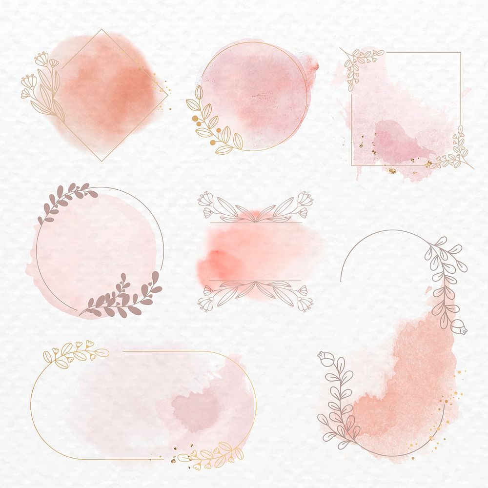 Frame vector in pink floral ornament watercolor style set