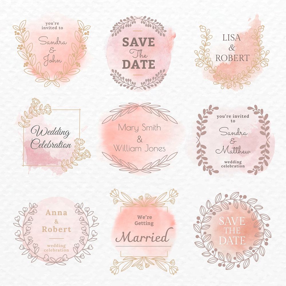 Wedding logo PSD template in floral watercolor style set