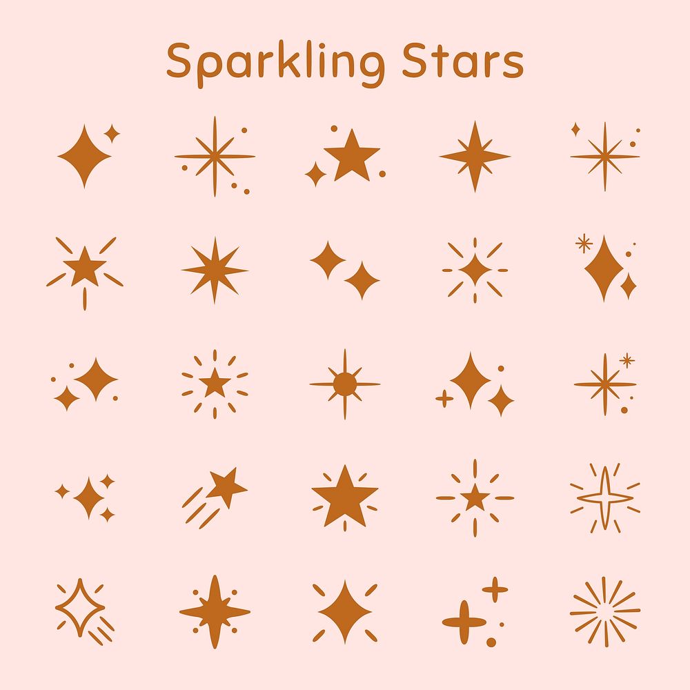 Sparkling stars vector icon set in flat brown style 