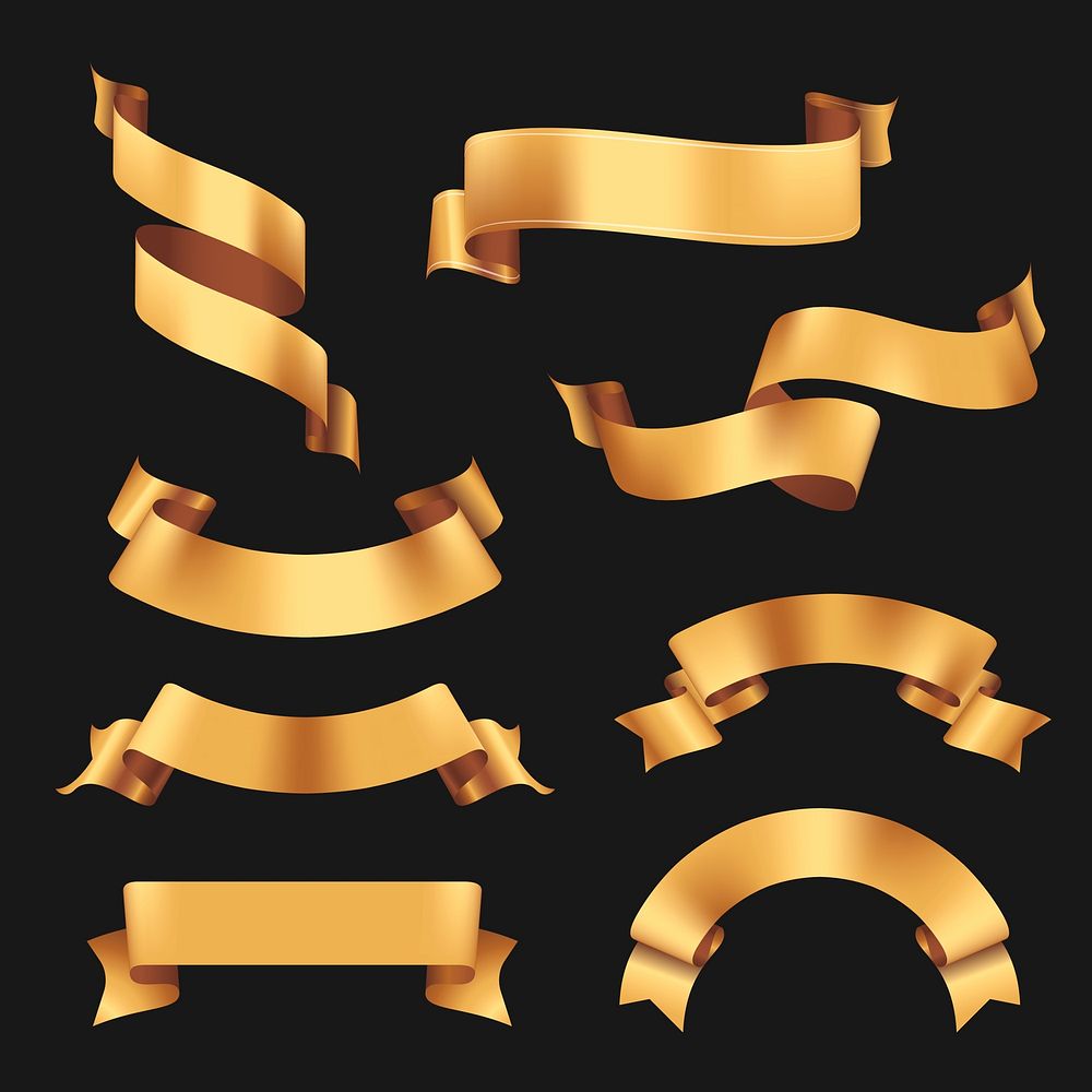 Ribbon banner vector art, gold realistic label design set