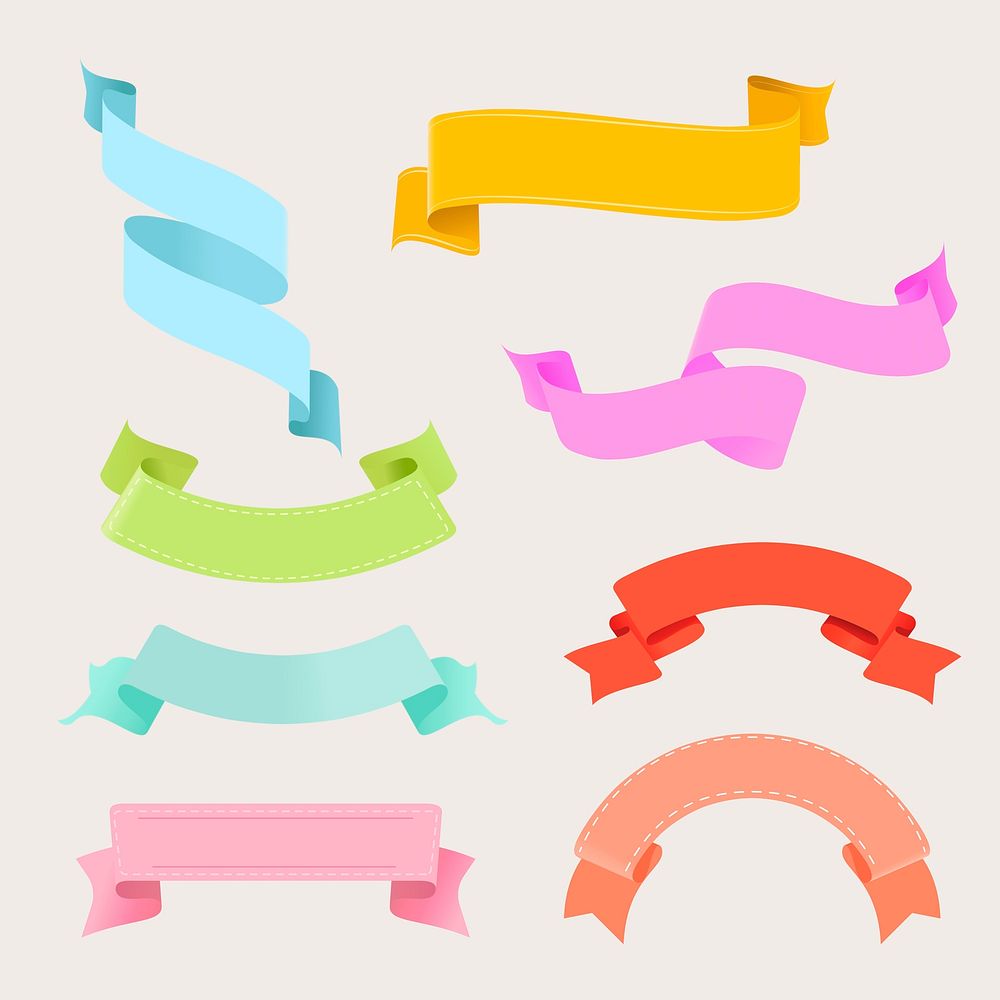 Colorful ribbon banner vector, decorative label flat graphic design set