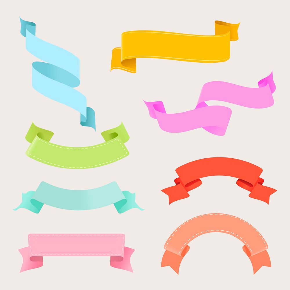 Colorful ribbon banner psd, decorative label flat graphic design set