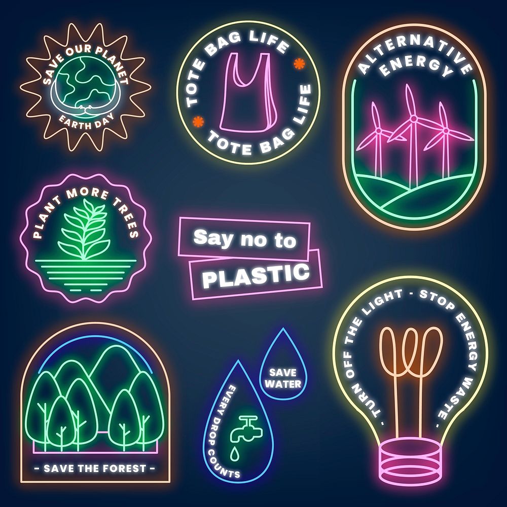 Neon sign environment illustration vector set, save the our planet 