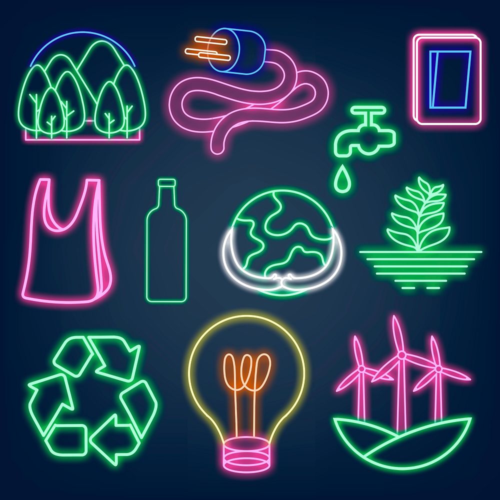 Neon sign environment illustration psd set, eco-friendly 