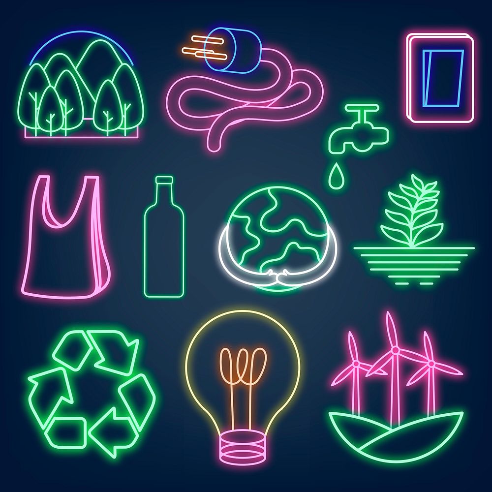 Neon sign environment illustration vector set, eco-friendly 