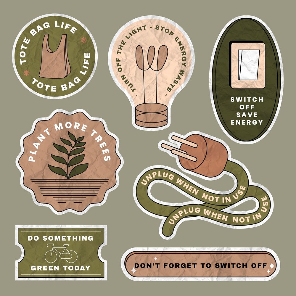 Save environment sticker vector set in crumpled paper texture