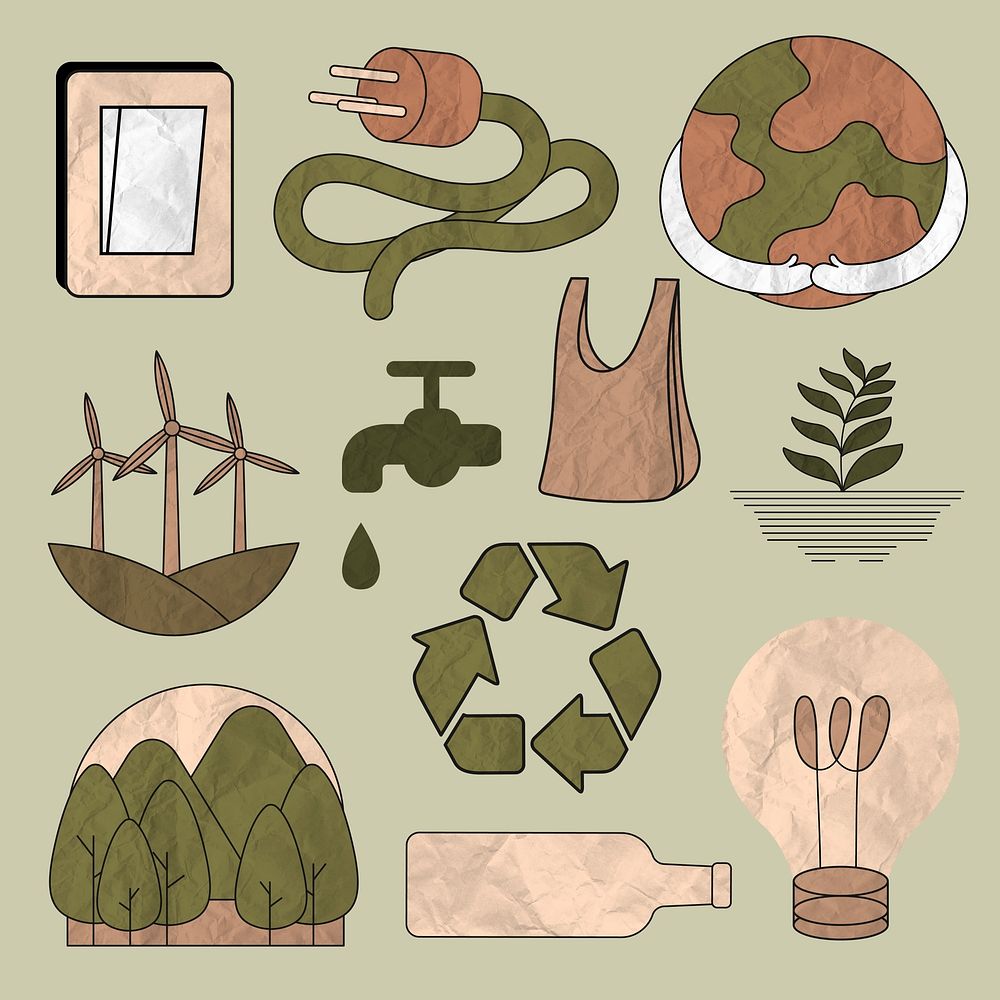 Environment illustration vector set in crumpled paper texture