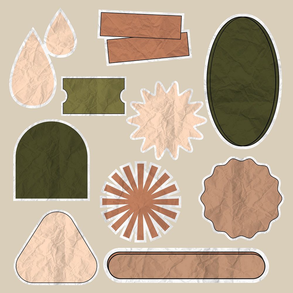 Earth tone badge vector set in crumpled paper texture