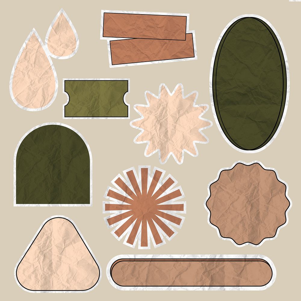 Earth tone badge psd set in crinkled paper texture