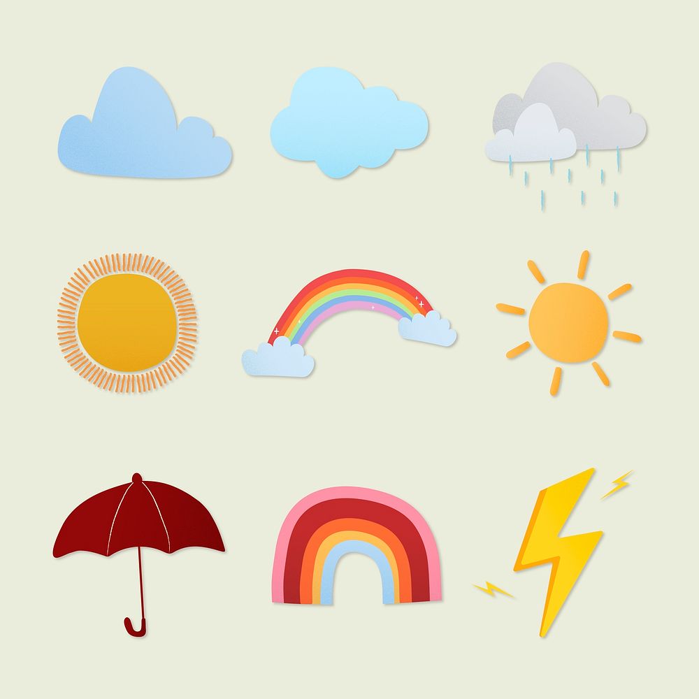 Cute weather sticker, colorful clipart vector set