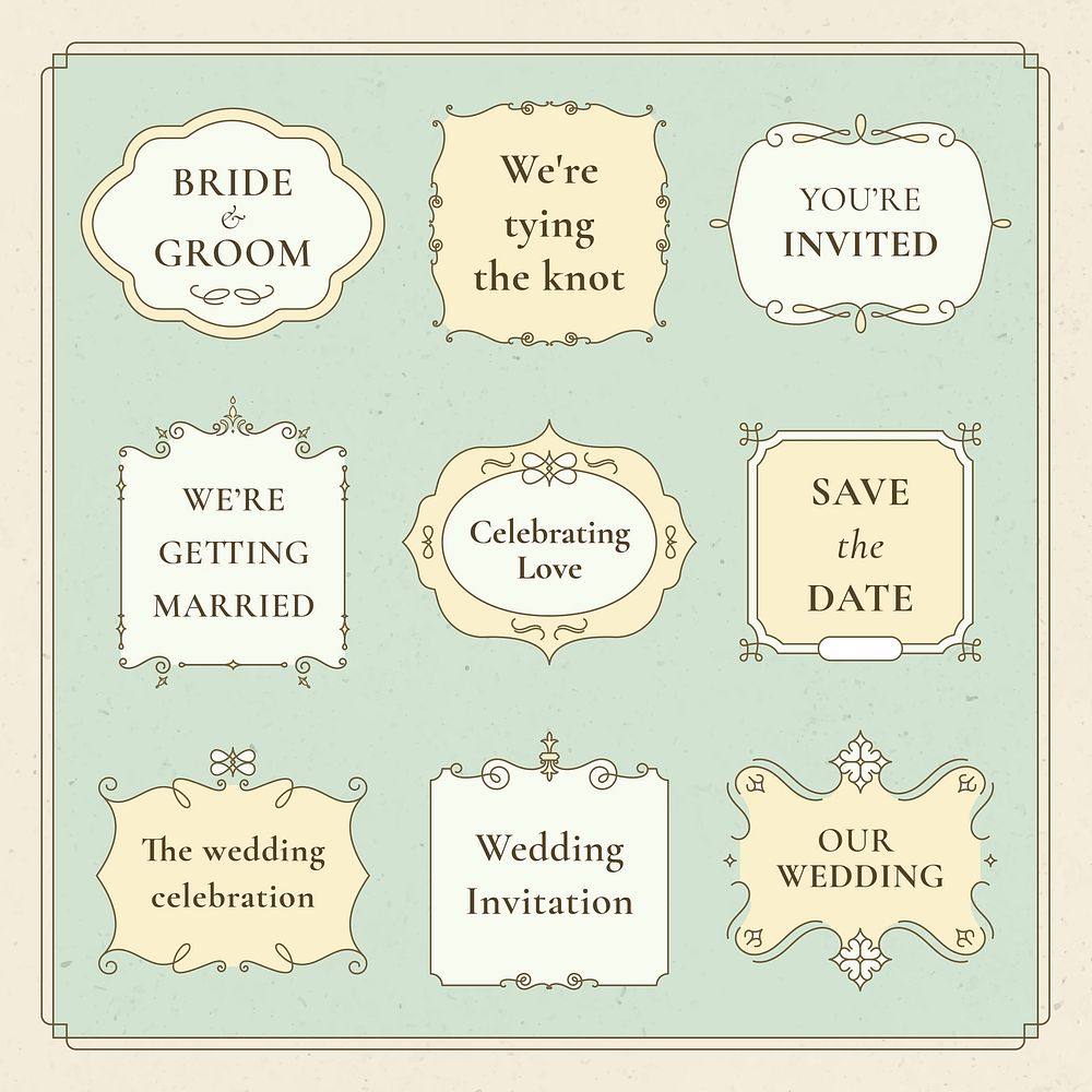 Wedding badge vector set with luxury vintage ornament