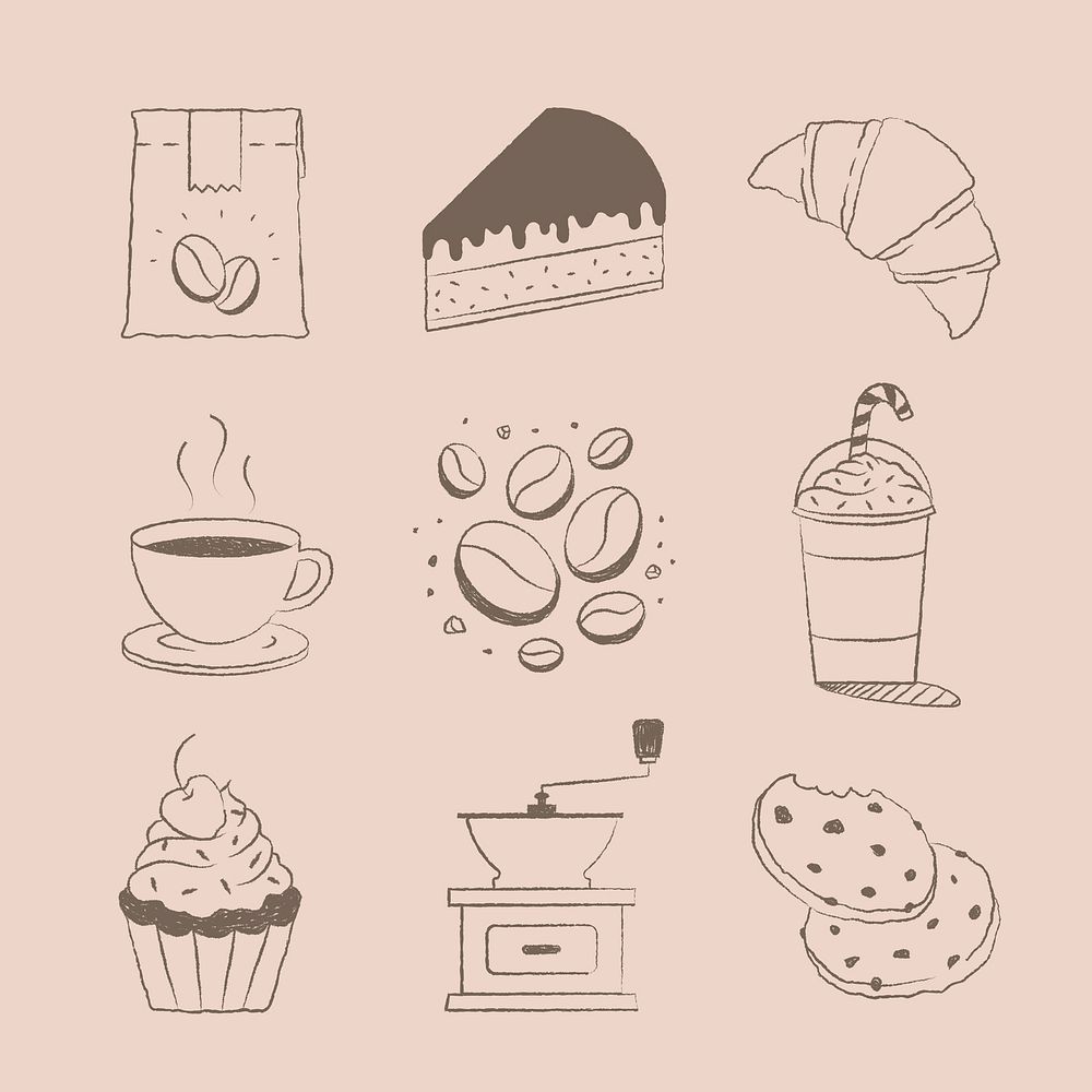 Cafe sticker illustrations, coffee and cake set psd