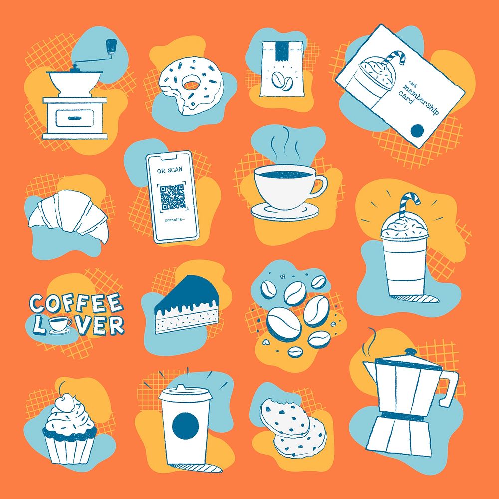 Cafe sticker illustrations, coffee and cake set psd