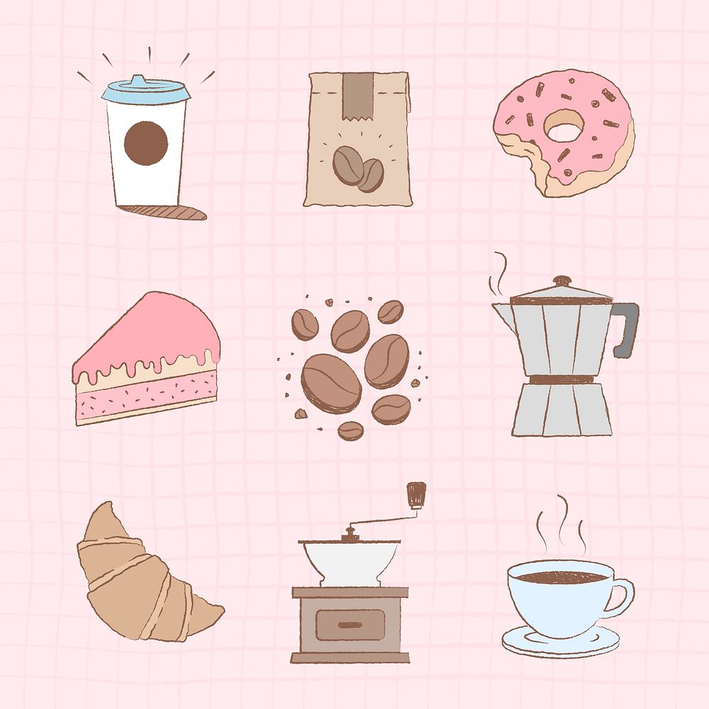 Cafe sticker illustrations, coffee and cake set psd