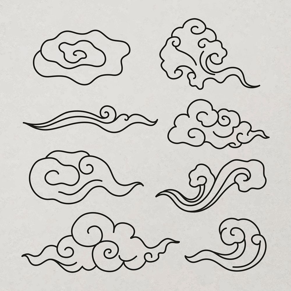 Traditional cloud sticker, black Chinese design clipart psd set