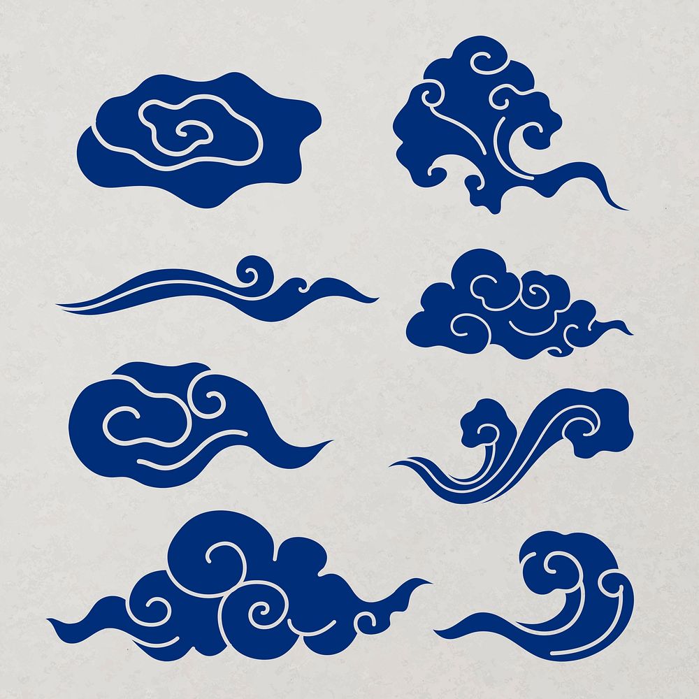 Traditional cloud sticker, blue Chinese design clipart psd set