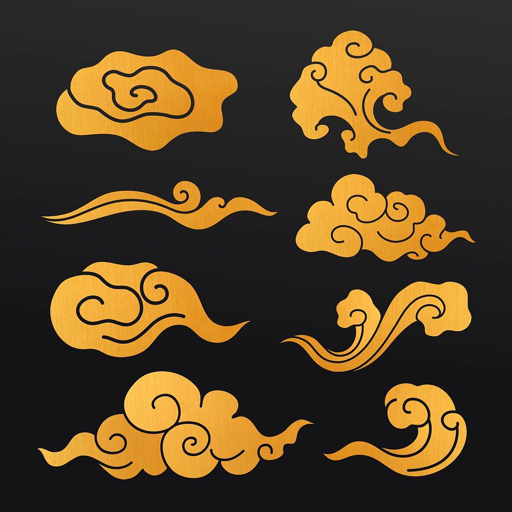 Oriental cloud sticker, gold Japanese design clipart psd collection