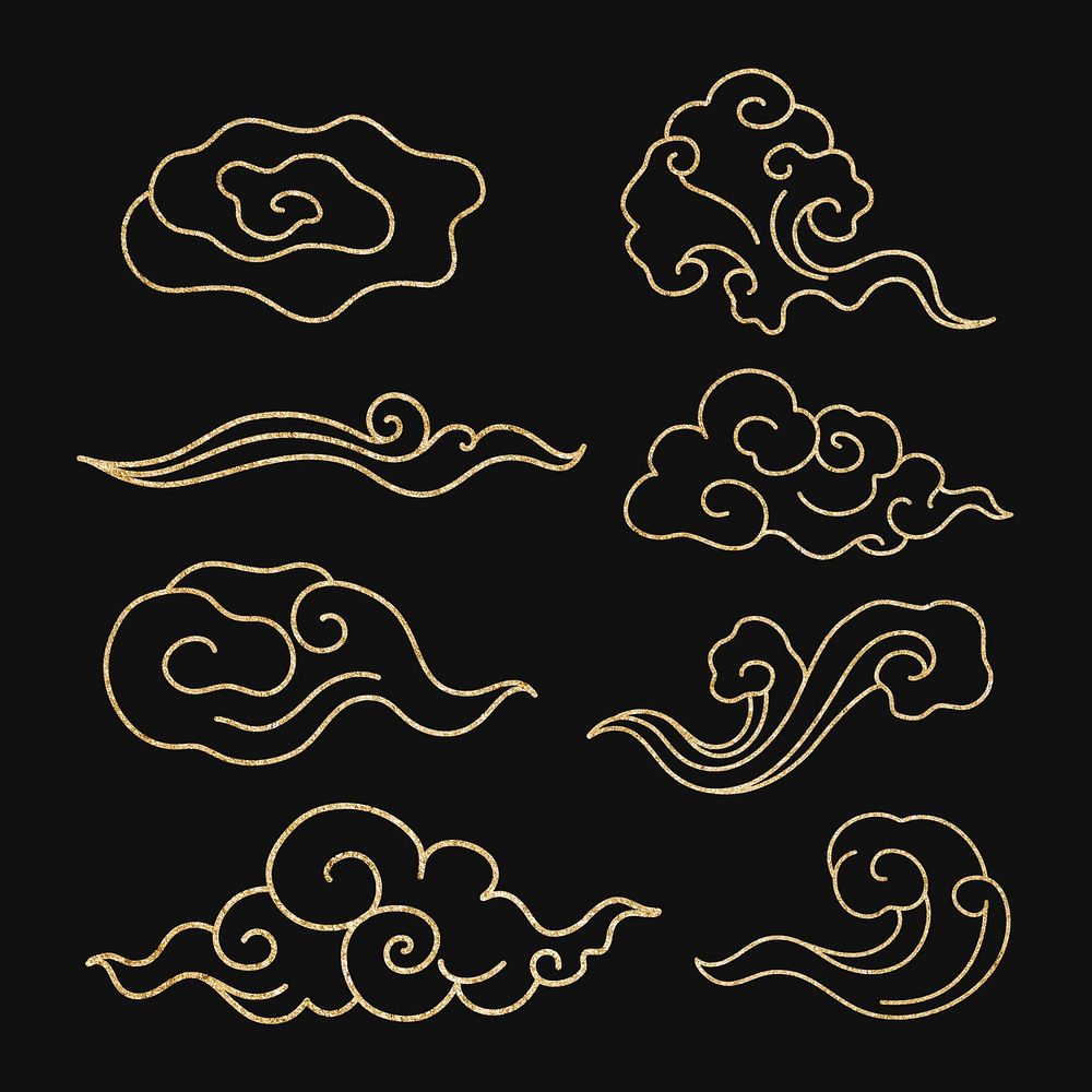 Oriental cloud sticker, gold Japanese design clipart psd collection