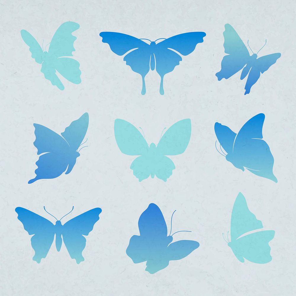 Flying butterfly sticker, blue gradient flat vector animal illustration set