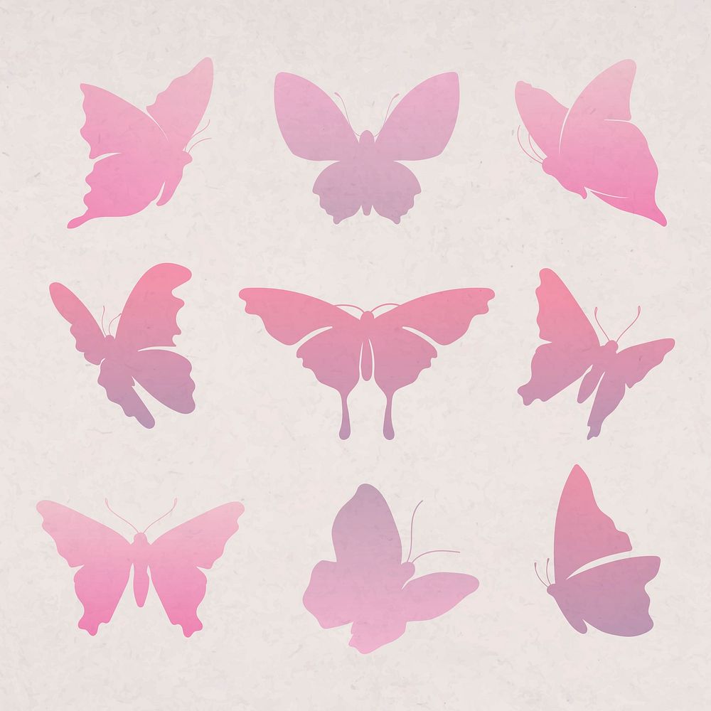Flying butterfly sticker, pink gradient flat vector animal illustration set
