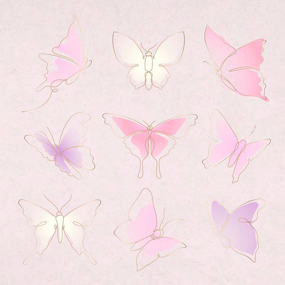 Flying butterfly sticker, pink gradient line art psd animal illustration set