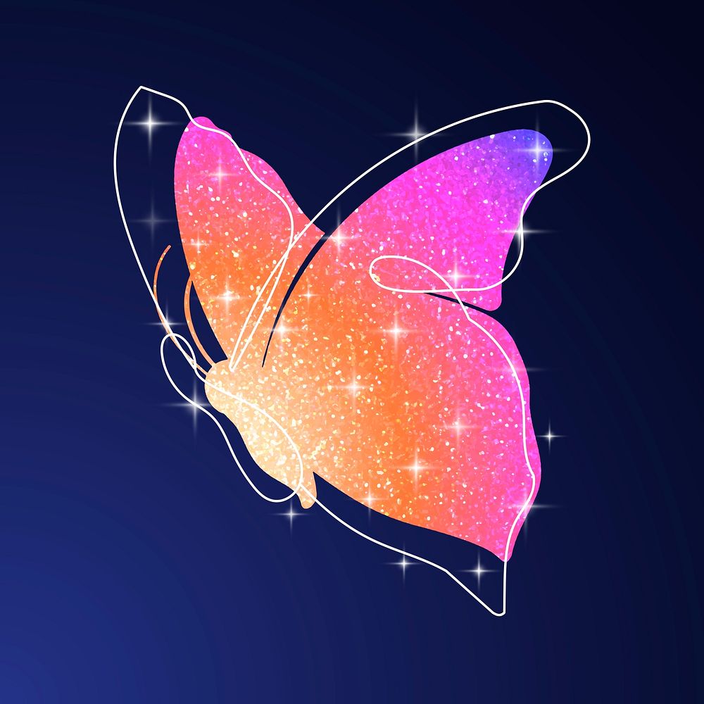 Glitter butterfly sticker, orange colorful aesthetic vector animal illustration