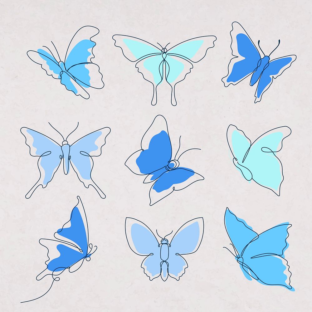 Flying butterfly sticker, blue line art vector animal illustration set