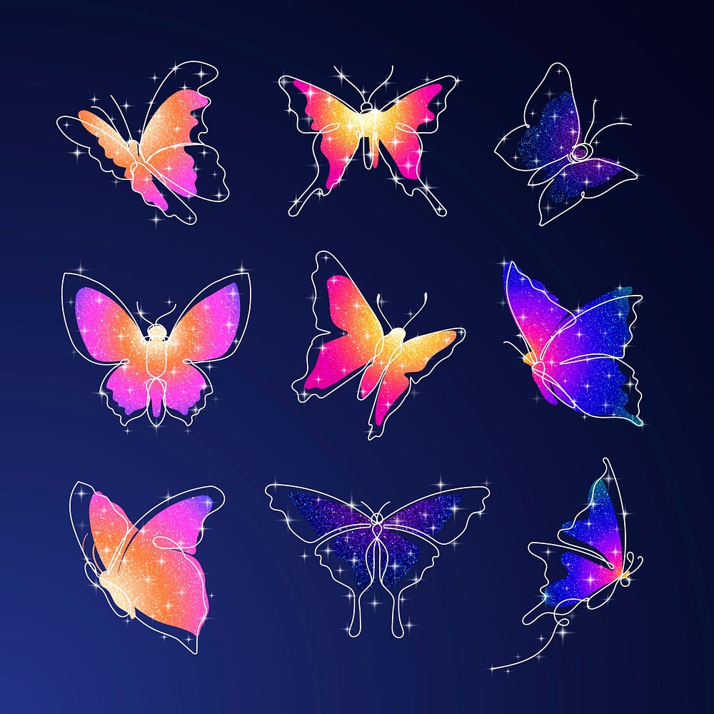 Glitter butterfly sticker, colorful beautiful vector animal illustration set