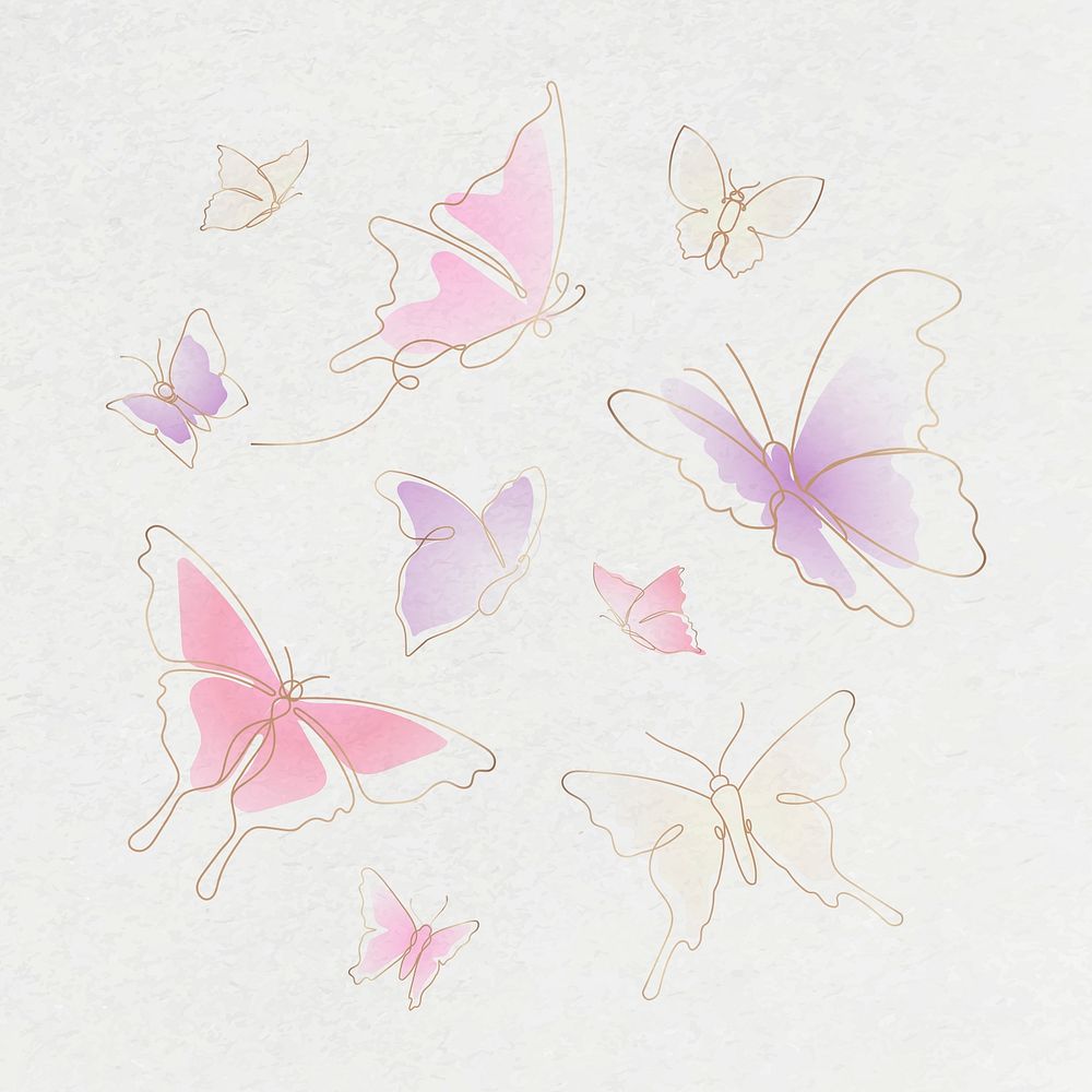 Flying butterfly sticker, pink gradient line art psd animal illustration collection