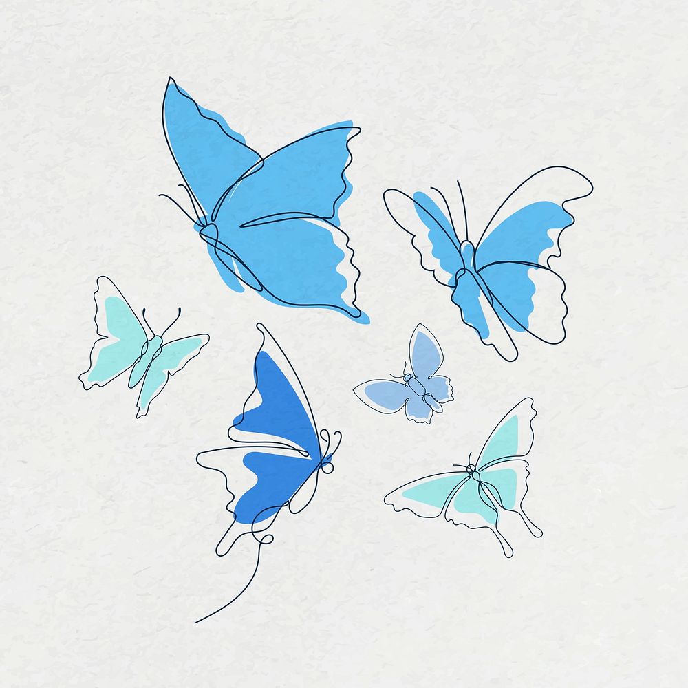 Flying butterfly sticker, blue line art psd animal illustration collection