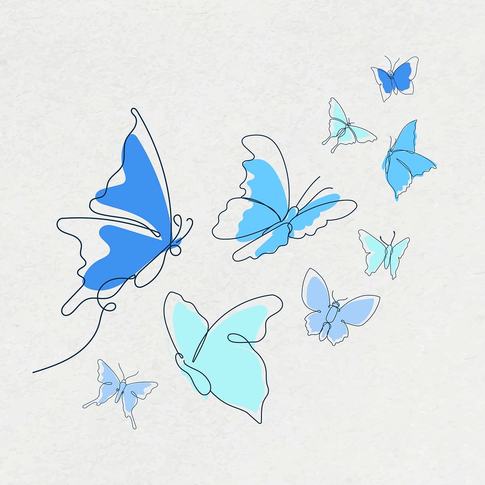 Flying butterfly sticker, blue line art psd animal illustration collection