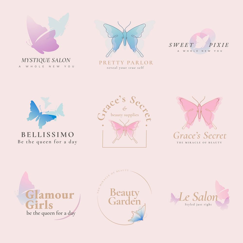 Butterfly logo template, beauty business, pastel creative flat graphic psd set