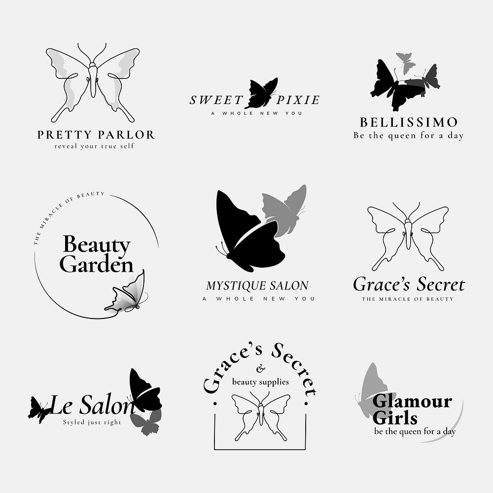 Butterfly logo template, beauty business, black creative flat graphic vector set