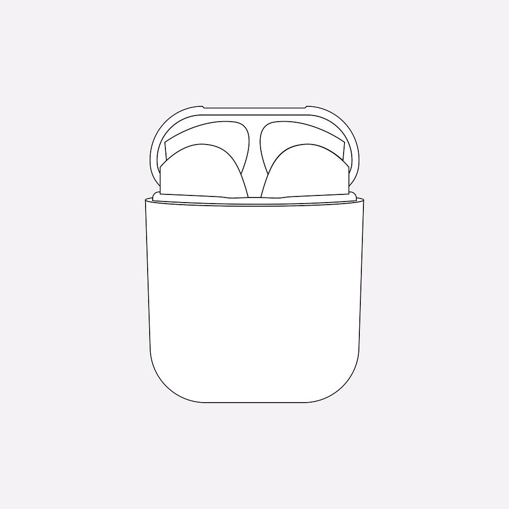 Wireless earbuds outline, white case, entertainment device psd illustration