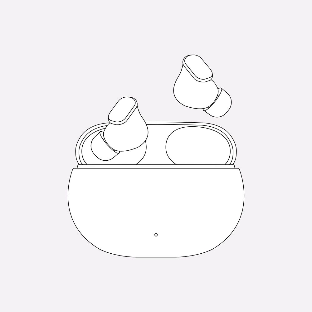 Wireless earbuds outline, entertainment device psd illustration