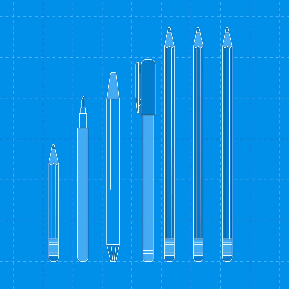 Blue stationery outline, psd illustration set