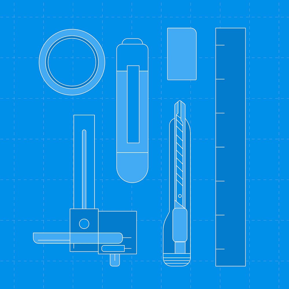 Blue stationery outline, psd illustration set