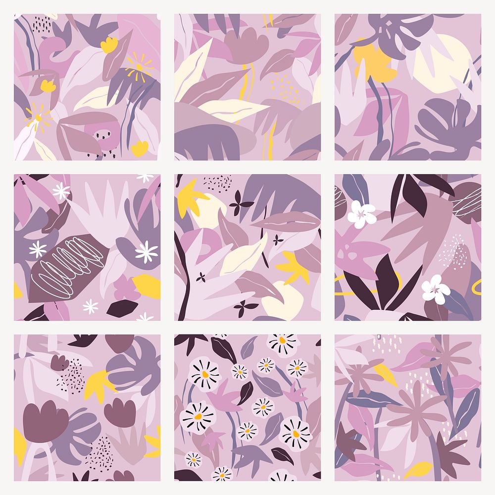 Aesthetic purple floral seamless pattern set vector