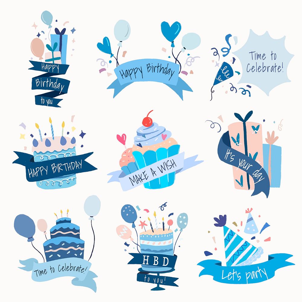 Celebration template sticker, birthday party vector set