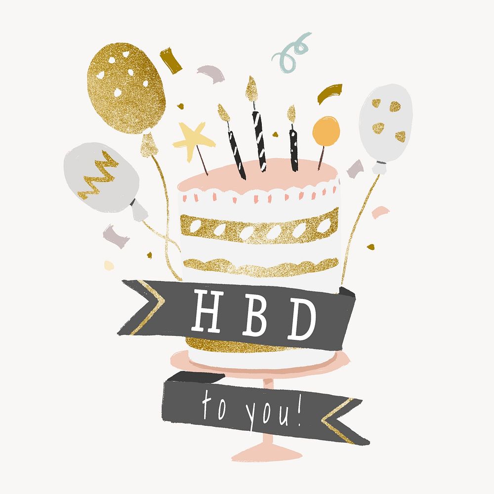 Birthday cake template sticker, aesthetic gold and pastel element graphic psd