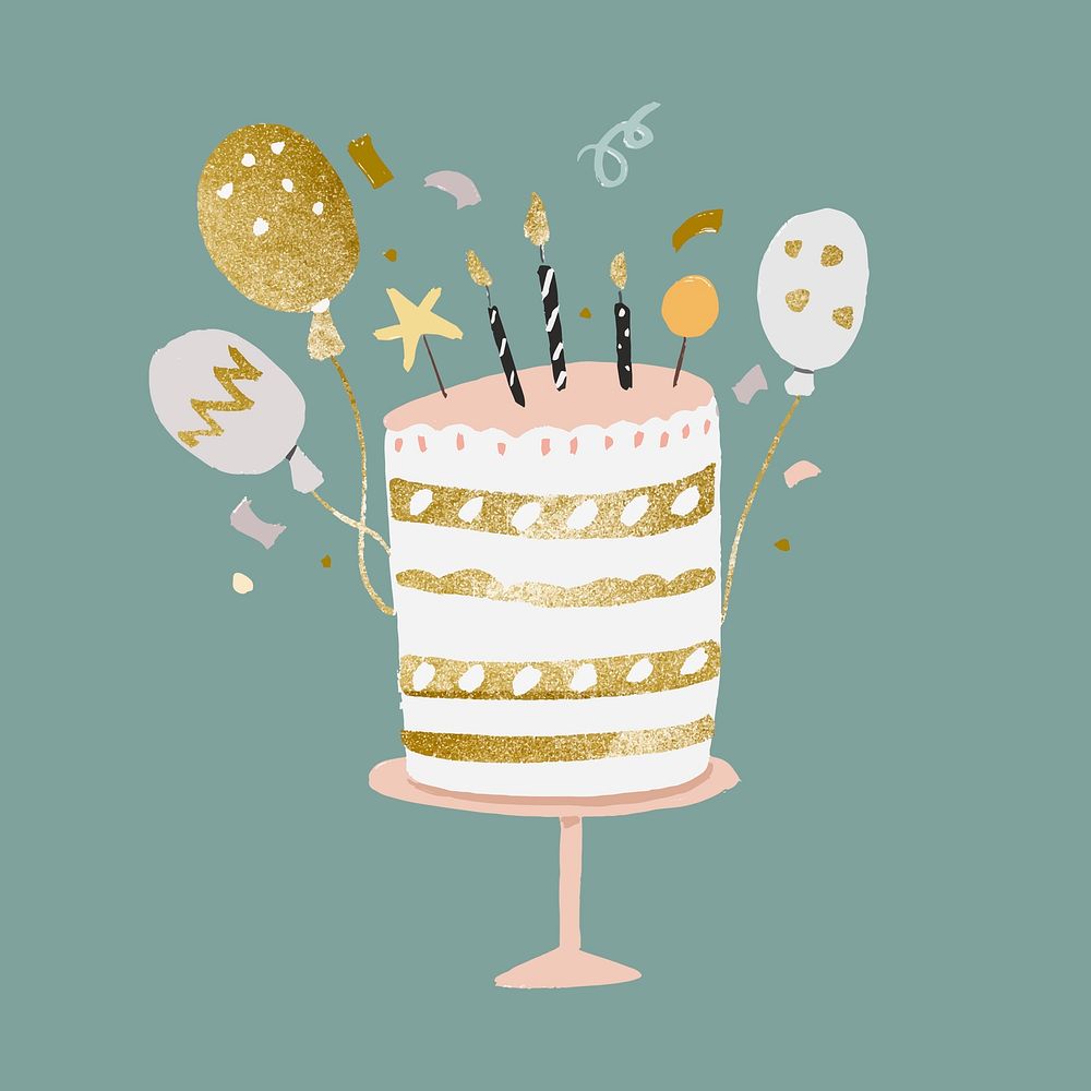 Birthday cake sticker, cute gold and pastel vector
